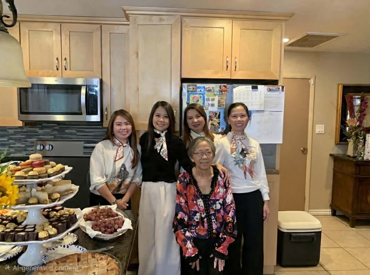 Residents and caregivers smiling together in the kitchen